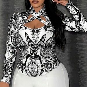 Sexy Black and White Patterned Women's SHEIN Curve, Shirt, Top XL